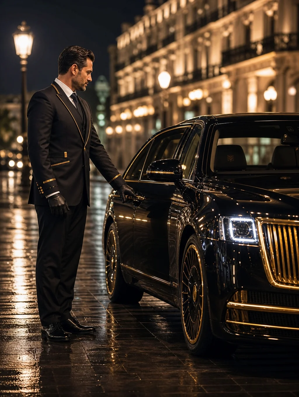 Professional chauffeur beside luxury vehicle in European city